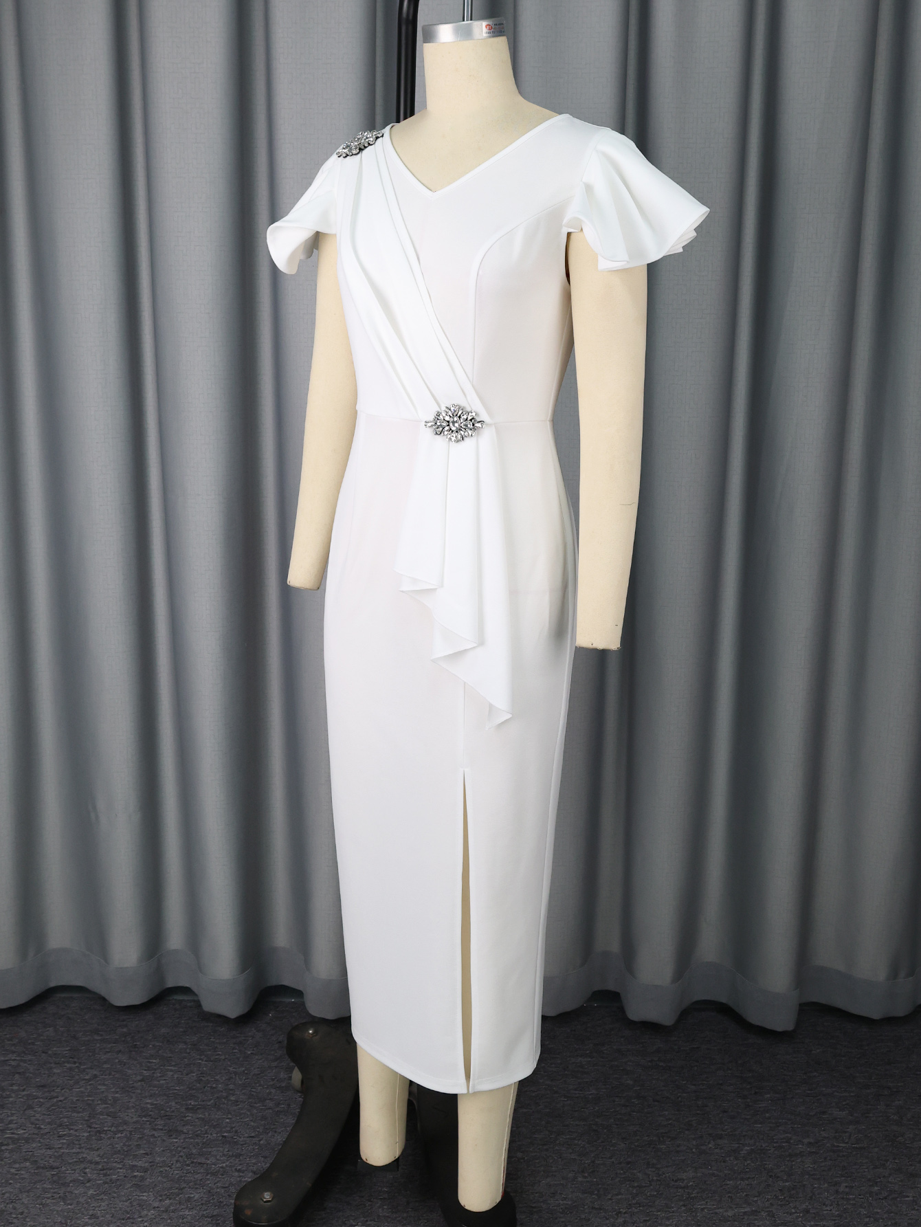 Elegant Club Party Young Girl V Neck Pencil Long Dress Short Ruffle Sleeve Plus Size Women Dress AM050729