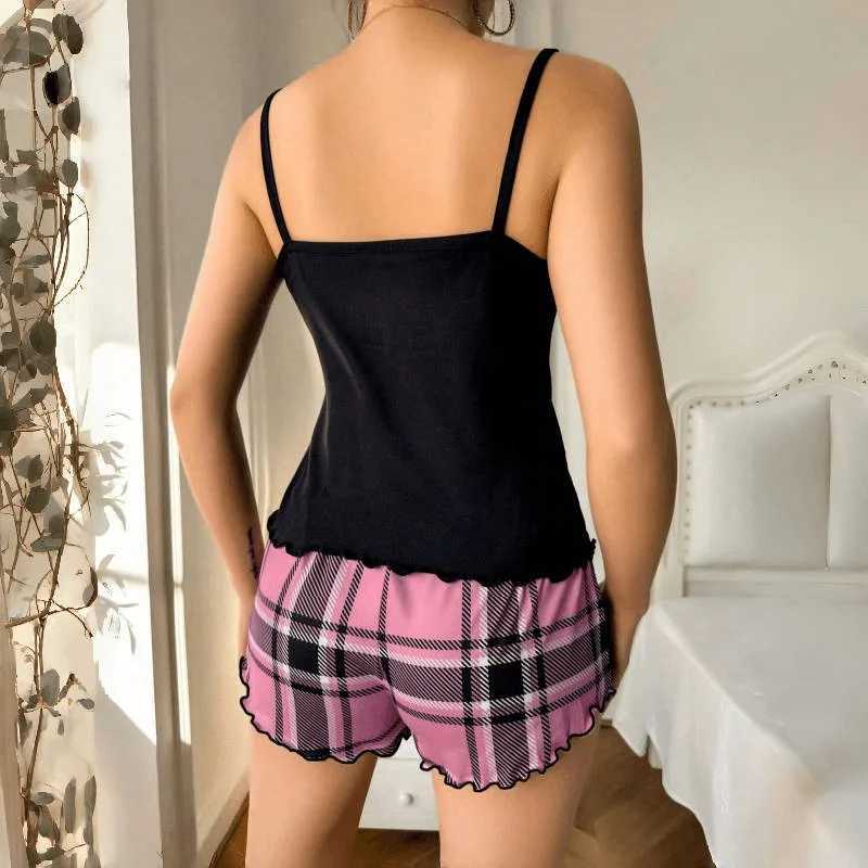 Women Sexy Suspender Shorts Thin Pajamas Letter Print Plaid Shorts Large Pajamas Romantic Home Wear Sexy Nightwear Short PajamaT251014