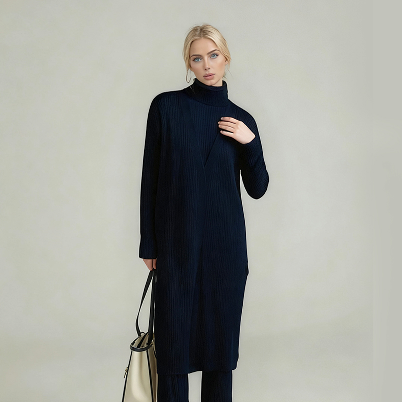 Women's Knits & Tees Women's Navy Blue Oversized Turtleneck Long - Knit Cardigan: Stylish & Cozy AS23-0909A