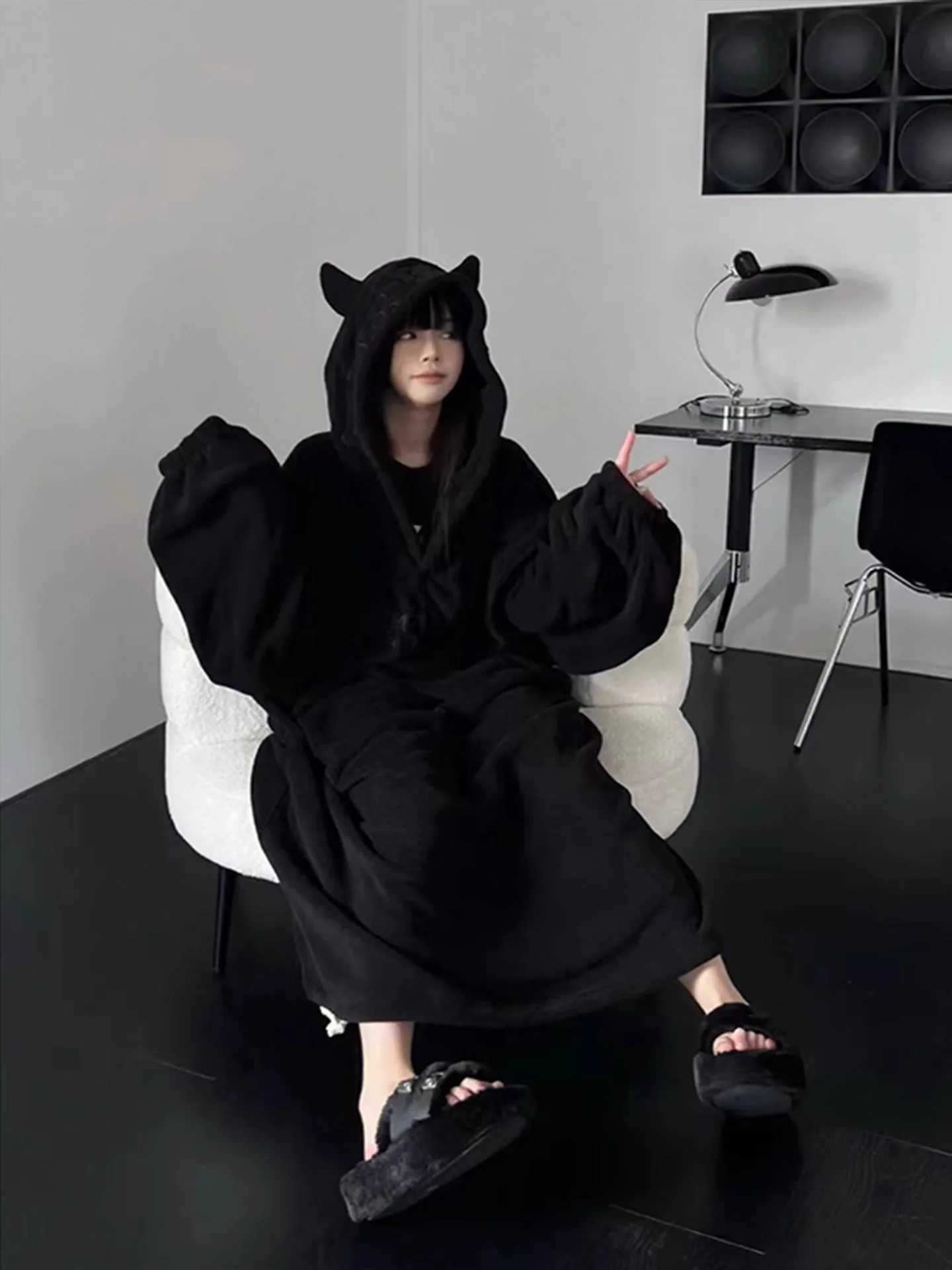 Thickened padded pajamas Solid color Homewear Loose oversized hooded Dresses Imp couple robe Fall and winter onepiece Sleepwear Y251013