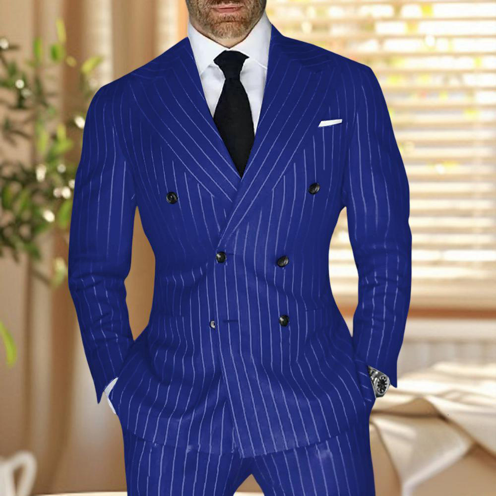 Stripe Double Breasted Men Suits for Wedding Groom Tuxedo Slim Fit Custom Made Pinstriped Male Suit 2 Pcs JacketPants 2024 240528