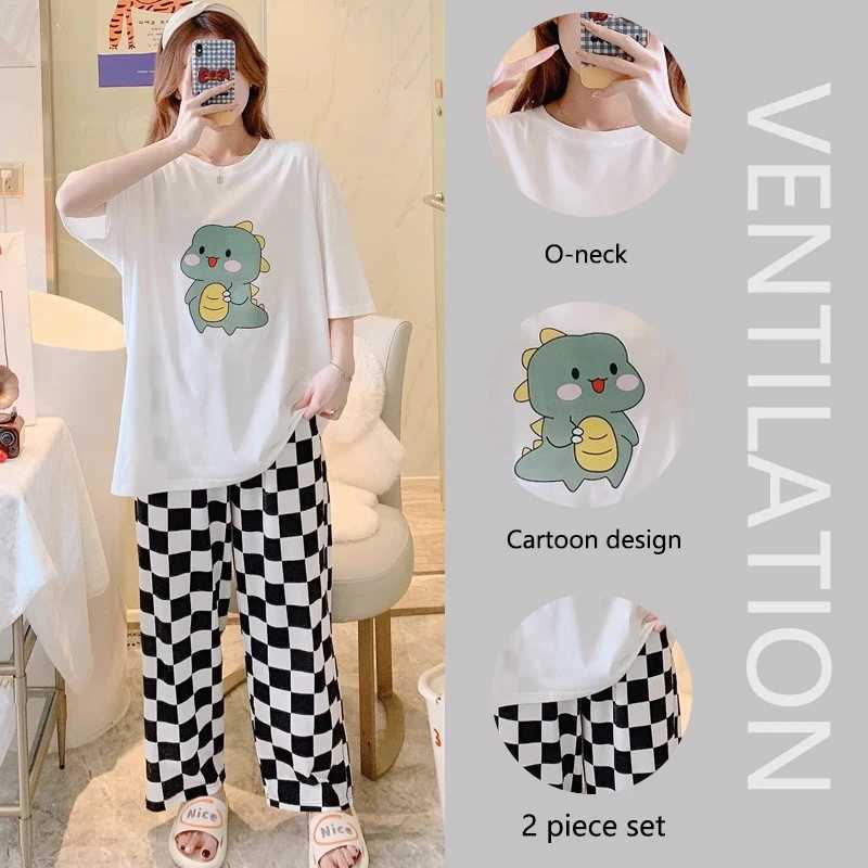 Pyjamas Set for Women Short Sleeves Long Trousers Student Pajamas TwoPiece Round Neck Pullover Plaid Trousers Easy to Clean LadT251014