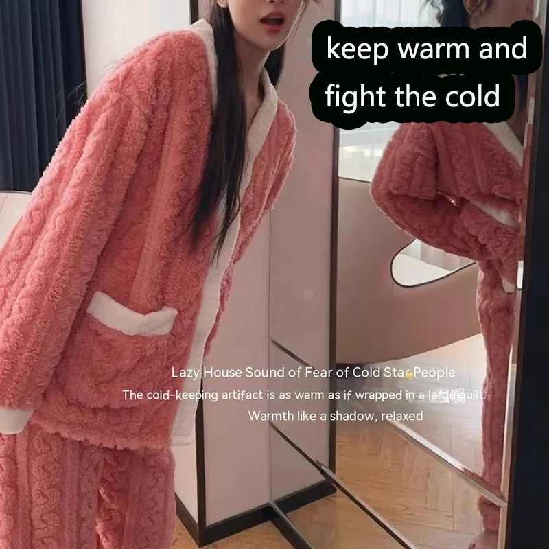 2pcsSet Womens Winter Pajamas Padded Thickened Warm Pocket Models Plus Size Loose Korean Coral Fleece School pajamas Homewear Y251013