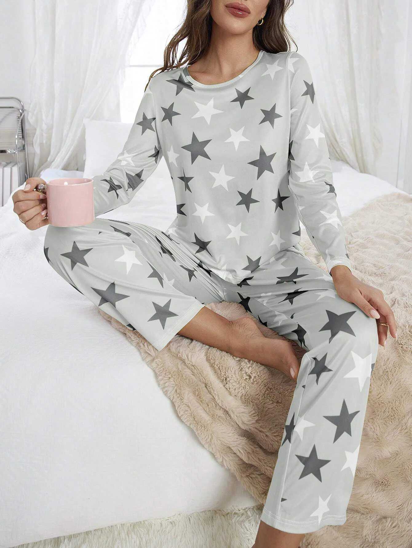 Womens FourSeason Spring and Summer LongSleeved Pajamas Casual Comfortable and Cute StarPrinted LongSleeved Pants Set for WomenT251014