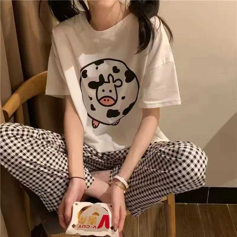 Summer Gilrs Two Pieces Sets Pajamas Short Sleeve Trousers Oneck Homewear Thin Elastic Loose Soft Plaid Cartoon Printing CuteT251014