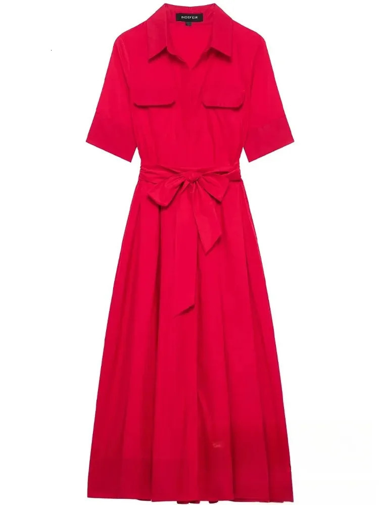 KONDALA Casual Chic Red Women Sashes Long Dress Women Pockets Short Sleeve Summer Dress Fashion 2025 Spring Summer Women Vestido251010