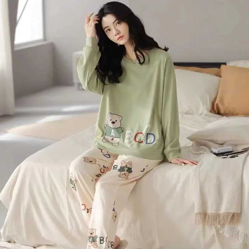 Plus Size Ladies Pajamas Set Fall and Winter LongSleeved Student Homewear Women TwoPiece Cartoon ONeck Sleepwear LoungewearT251014