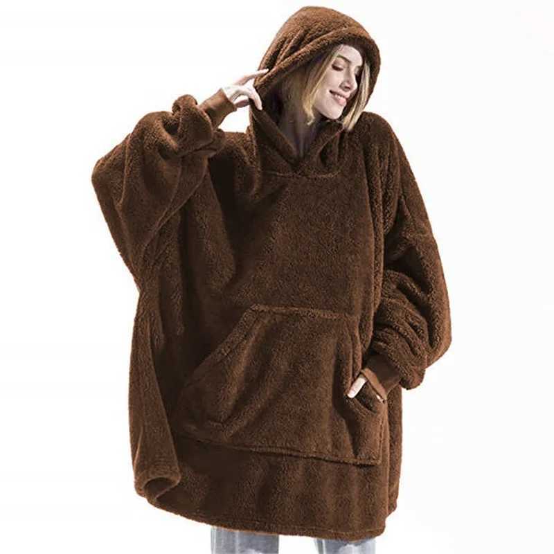 2024 Winter Women Doublefaced Fleece Hoodie Blanket Oversize Large Pocket Warm Couple Loose Sweatshirts Women And Men Robe Y251013