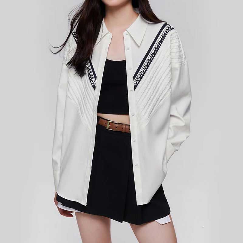 Womens Shirt Casual Fashion Knitted Patchwork Striped Shirt Solid Color Street Style Single Breasted Office Ladies Shirt 251011