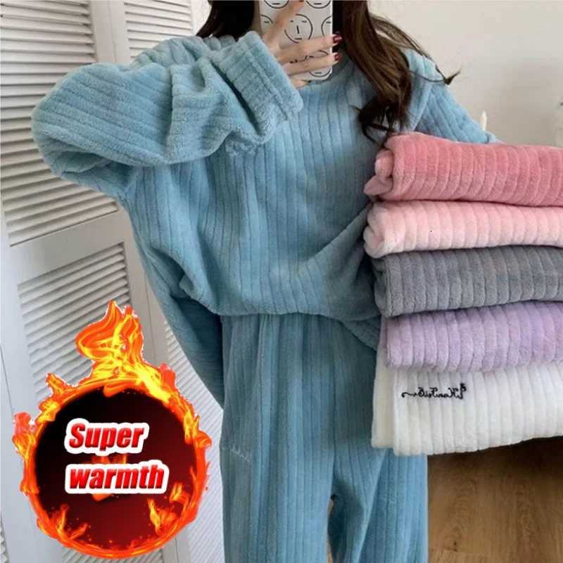 Women Coral Fleece Pajamas Set Winter Flannel Homewear Outfit Loungewear Sleepwear Cozy Warm House Dress Casual Wear Y251013