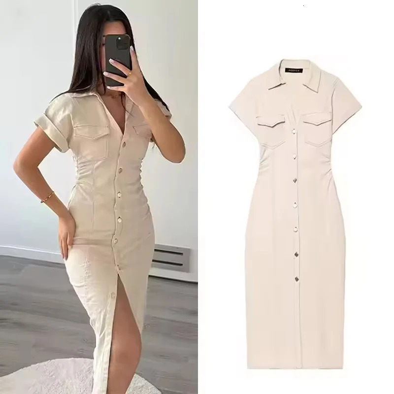 Denim Dress Spring Summer Casual Long Dresses For Women 2025 Fashion Ruched Short Sleeve Streetwear Midi 251009