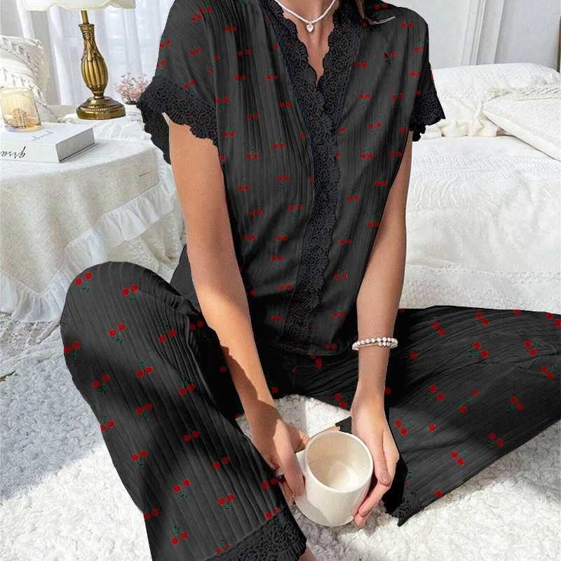 Ladys Loungewear Summer Chic V Neck Short Sleeve Pajamas Sets Cherry Heart Print Relaxed Casual Homewear 2pcsT251014