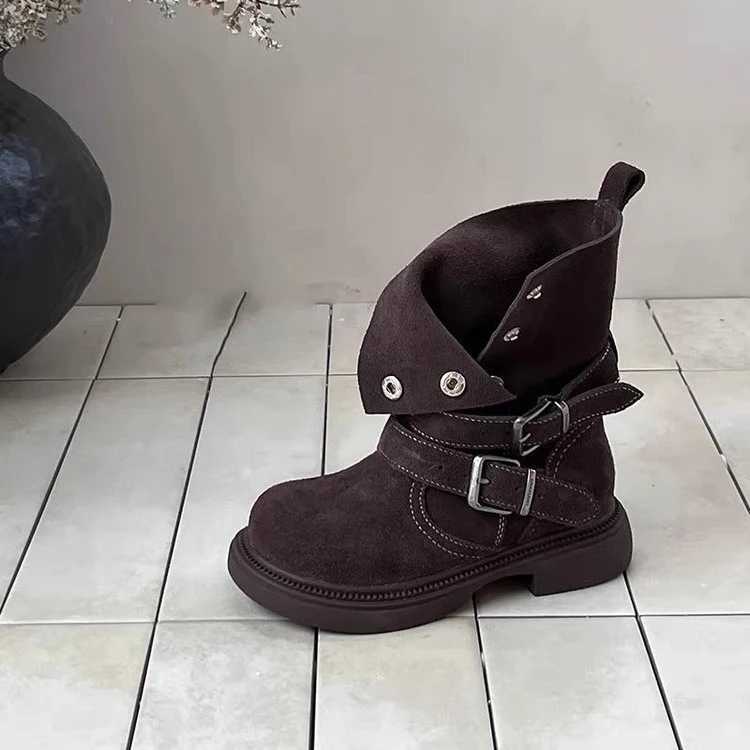 Girls Belt Buckle Design Motorcycle Boots 2025 Spring and Autumn New British Style Thick Heel Lightweight Midsole Boots C251014