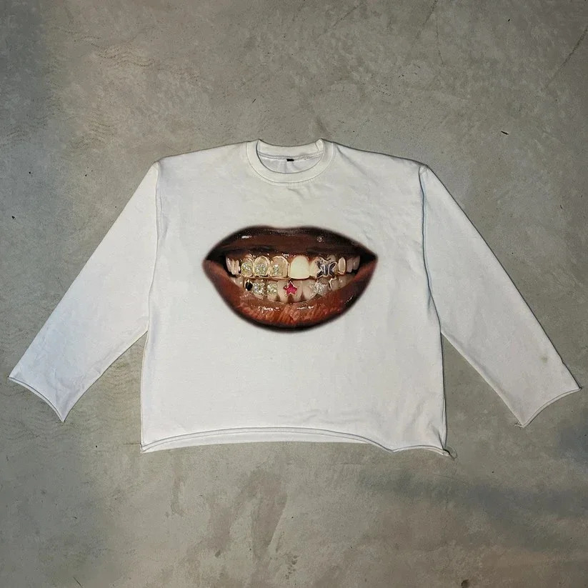 Hip Hop Street Long Sleeve Tooth T shirt Male Harajuku Retro Sports High Street Jersey Tops Men and Women Tops 251013
