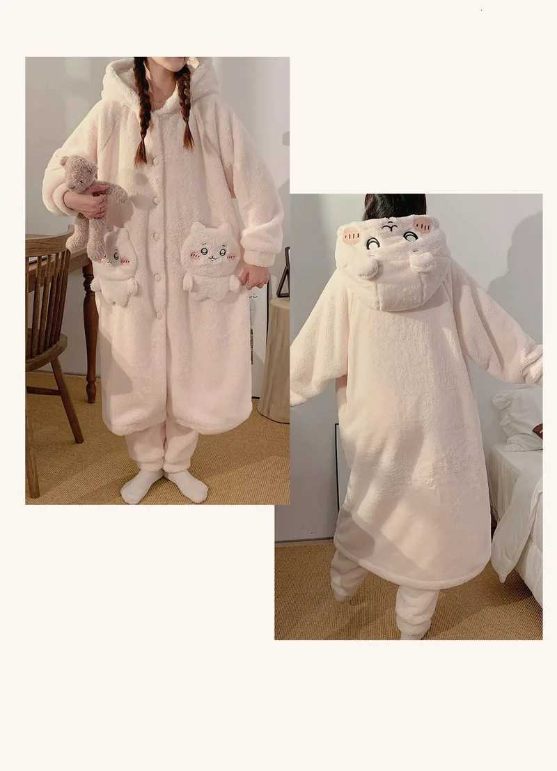 MXxl Miniso Chiikawa Coral Velvet Pajama WomenS Autumn And Winter New Cute Hooded Plush Pajama Sleeping Pants Home Sets Y251013