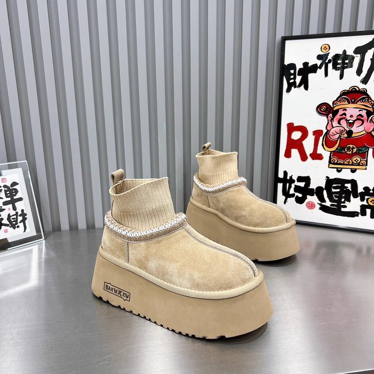 2025 Winter New Design Women Thick Platform Snow Boots Height Increasing Sock Boots Fashion Versatile Knit Cuff Slip Resistant Warm Cotton Padded Shoe