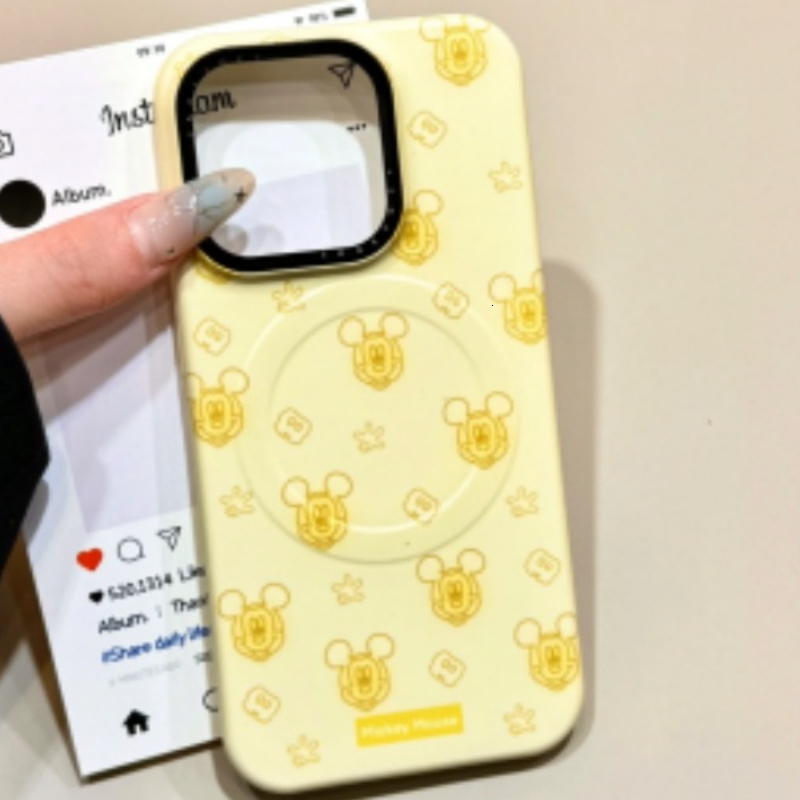 for iPhone 16 Pro Case with Yellow and Blue Background Pattern 3D Mouse Carousel Stand Leather Touch Comfortable Handcrafted Cover for iPhone