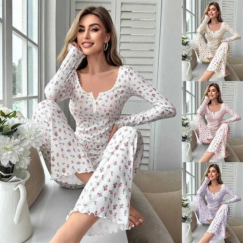 Sleepwear Women Floral Print Lettuce Trim Top with Long Pant Lovely Loungewear Full Sleeve Nightwear Spring Autumn Pajamas SetT251014