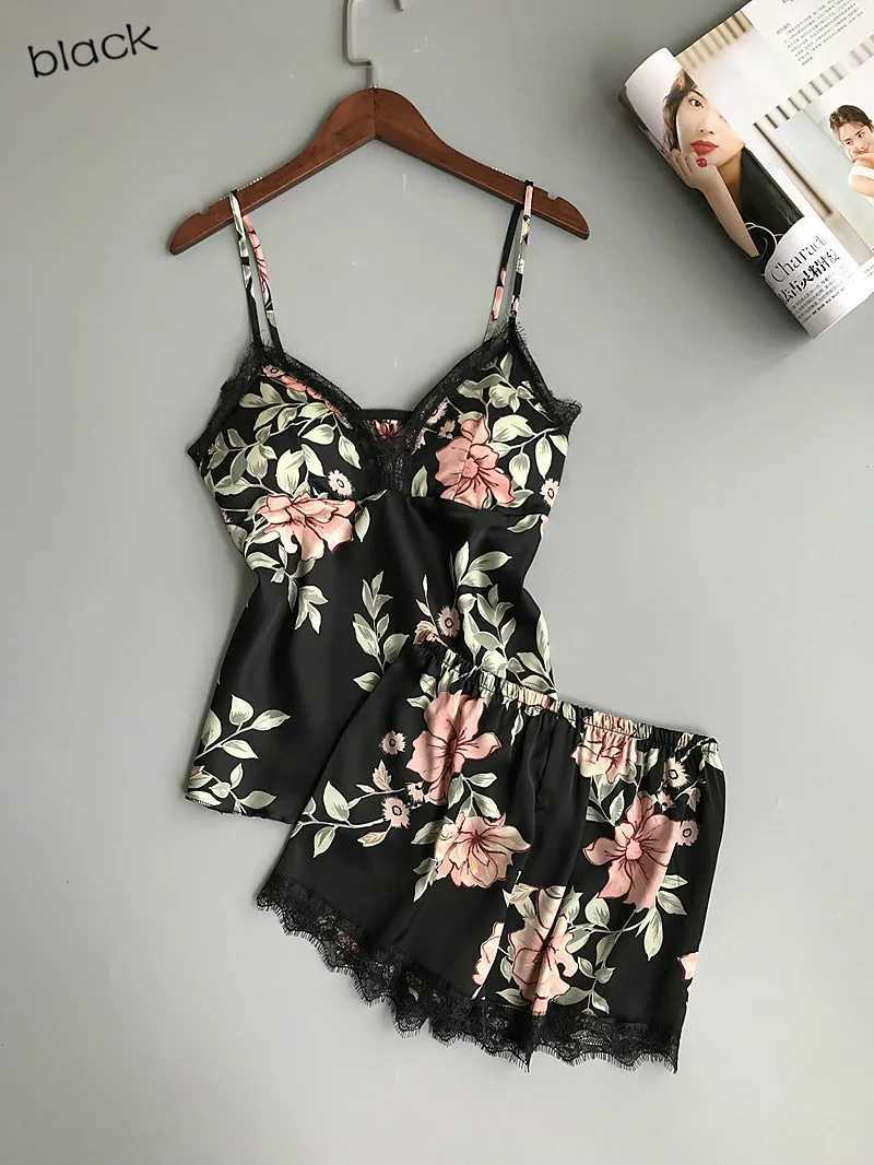 Summer Pyjama Spaghetti Strap Printing Lace Sexy Women Pajamas VNeckBreast Pad Femme Fashion Flower Pajamas SuitT251014