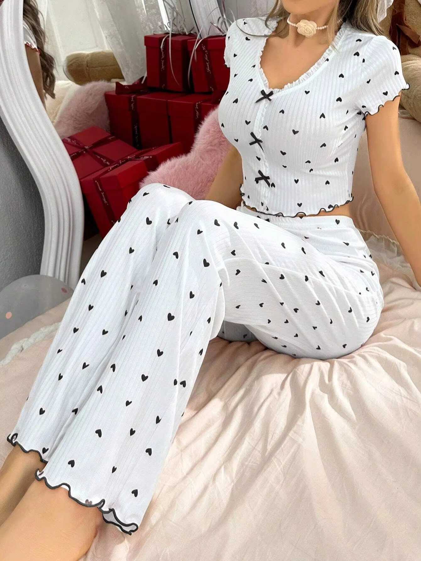 Spring Autumn Coquette Pajama Set Women Sexy Heart Print Ruffle Trim Crop Top Pants 2 Piece Y2K Aesthetic Loungewear SleepwearT251014