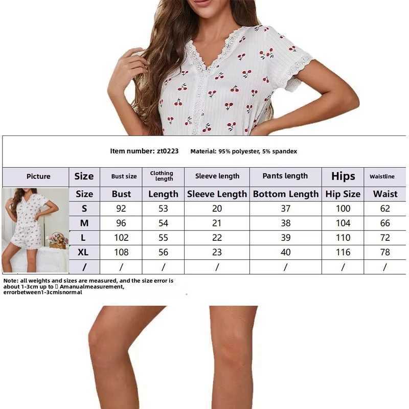 Sexy Pajamas Women VNeck Lace Cherry Print ShortSleeved Shorts Striped Fancy Sleepwear 2 Piece Set Home Wear Student NightwearT251014