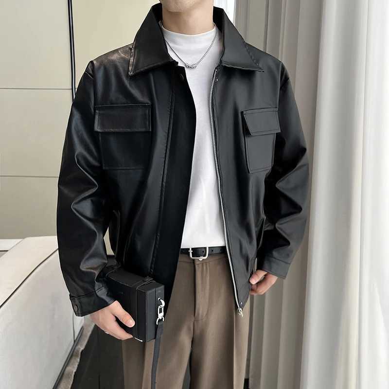 Highquality mens PU leather solid color windproof waterproof jacket daily fashion casual outerwear zipper leather jacket J251014