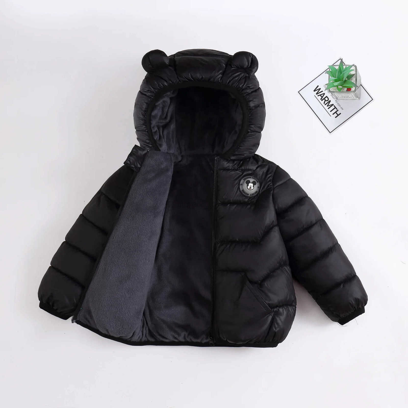 Disney Mickey Mouse Autumn Winter Warm Kids Outerwear Baby Boy Girl Thick Velvet Long Sleeved Zipper Down Jacket Children Light Up Coat H251014