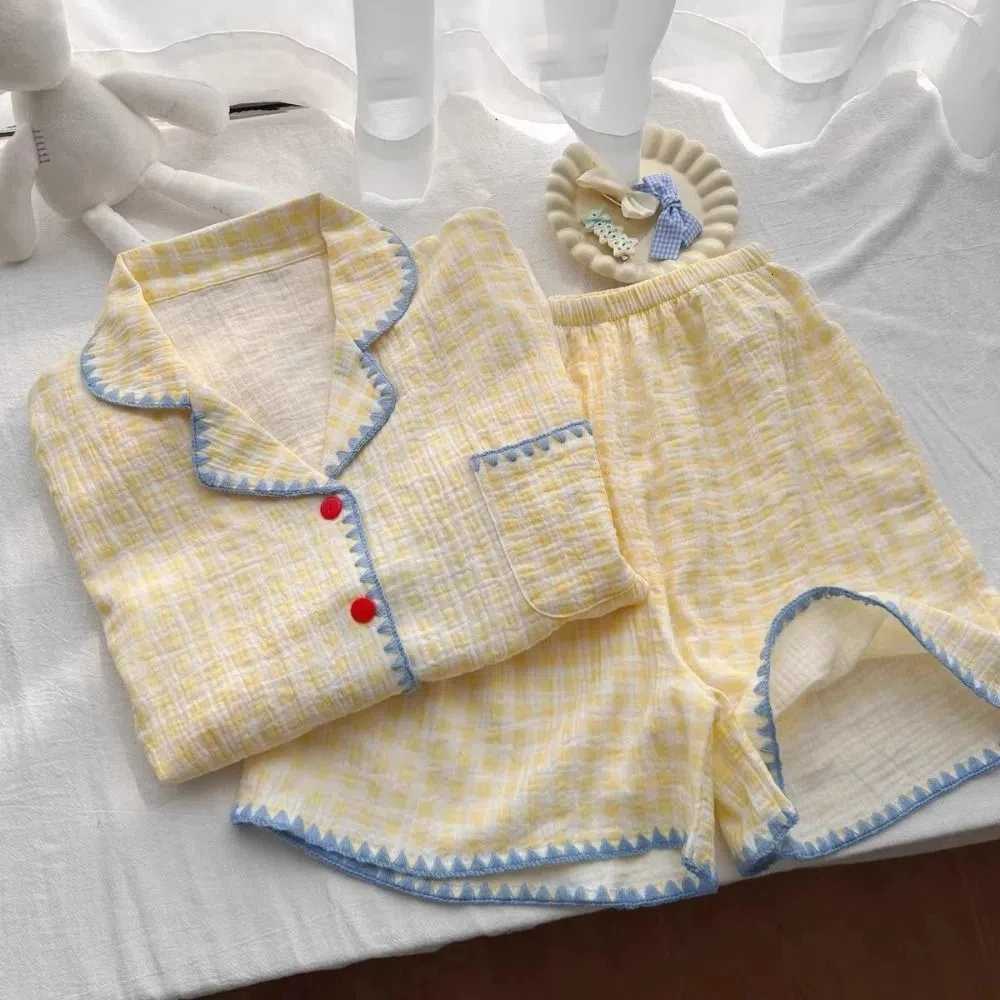 Fashion Sweet Plaid Pajamas Set Summer Thin Lattice 2 Piece Nightwear Home Wear Loose Short Sleeve Pajamas Indoor OutdoorT251014