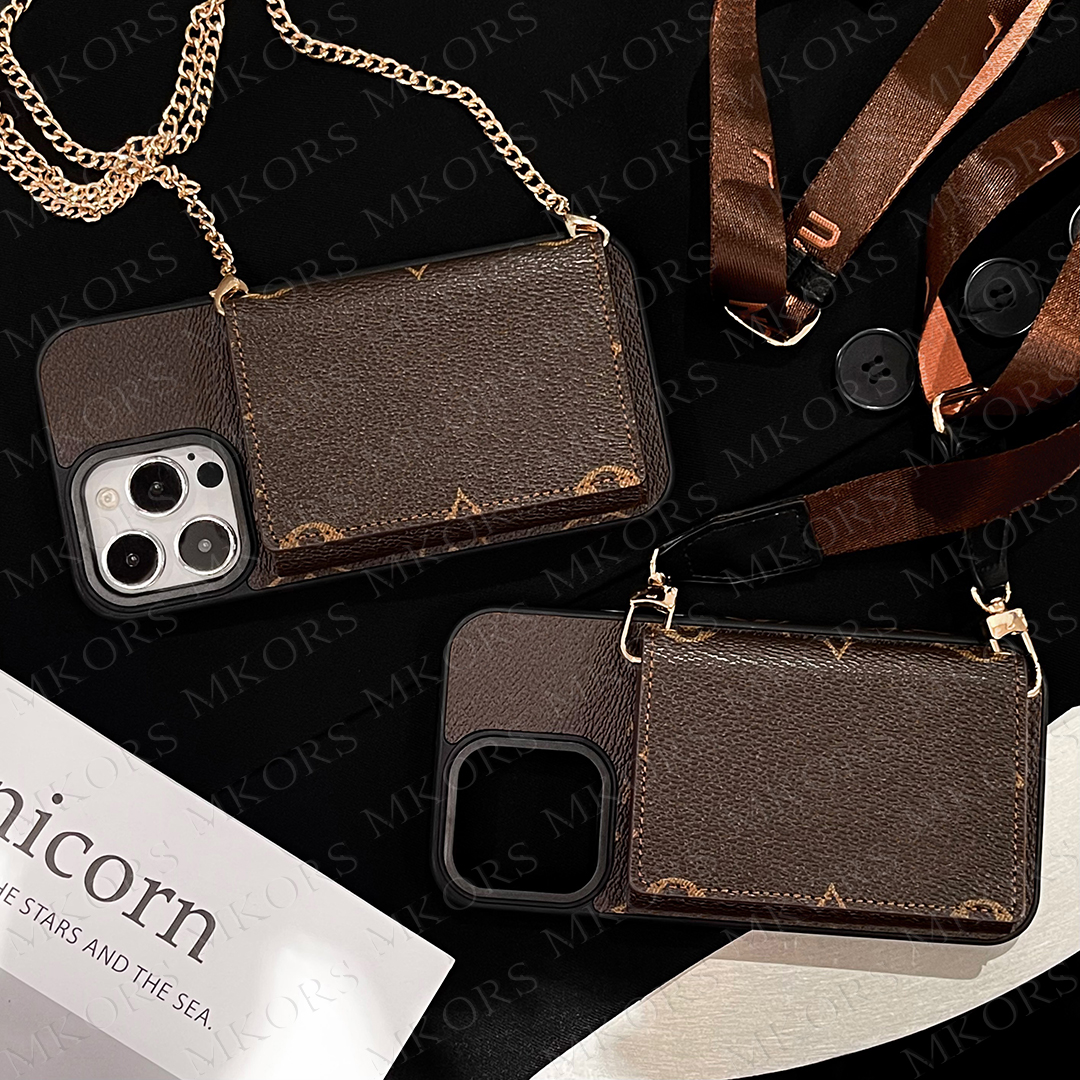 Designer Crossbody Wallet Phone Case for iPhone 17 16 15 14 13 12 Pro Max Leather Protection Luxury Flower Anti-drop Shoulder Neck Strap Cover iPhone 16 17pro 14pro