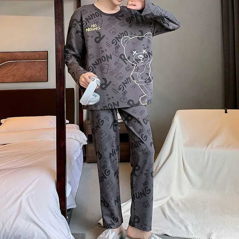 TwoPiece Set Autumn Winter Women Pajamas Men LongSleeved Cartoon Letters Bear Pullover Sleepwear Ladies Big Size HomewearT251014