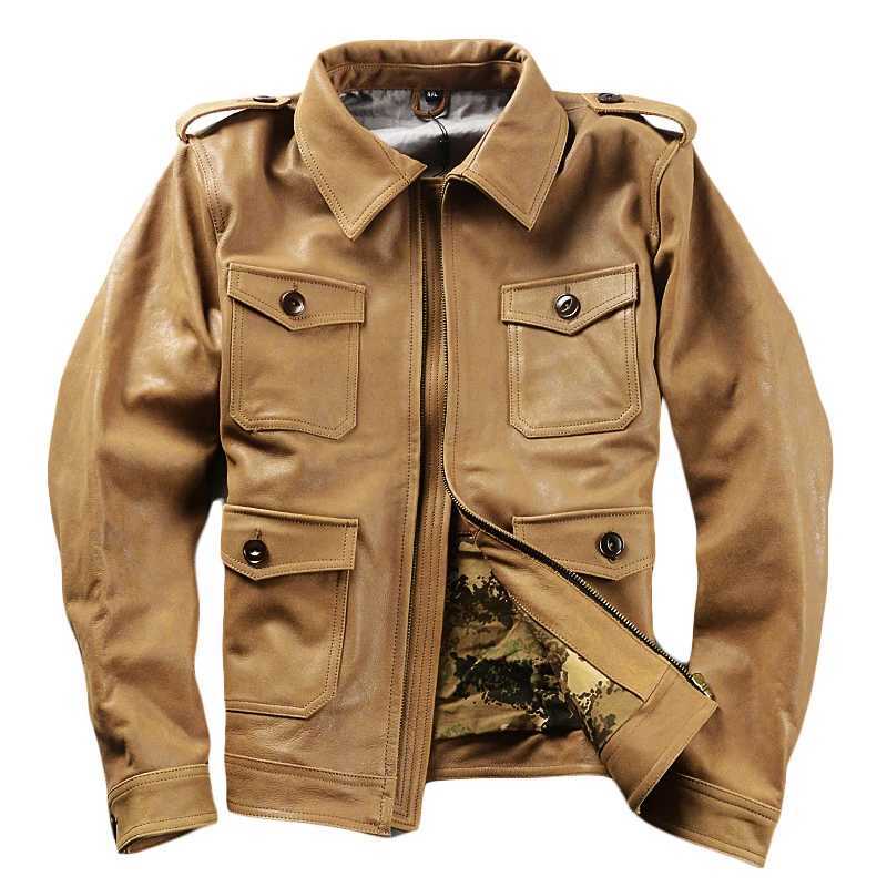 Khaki Autumn Leather Jacket Men Safari Style Plus Size 5XL Genuine Natural Cowhide Four Pockets M65 Leather Coat J251014