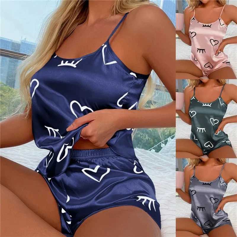 Women Ice Silk Pajamas Sleepwear Pajama Set Camisole Shorts L XL XXL Gray Pink Low Cut Comfortable Casual SummerT251014
