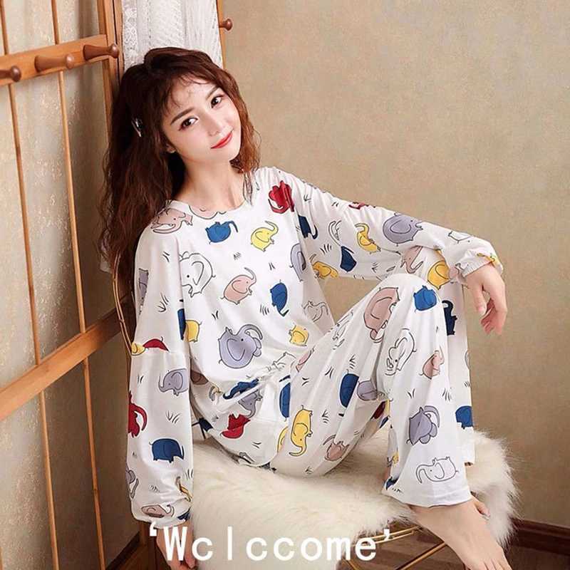 Cute SpringAutumn Big Size Womens Pajamas Set Sleepwear for Sleeping Long Sleeve Nightie Home ClothesT251014