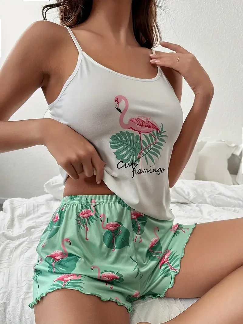 Summer Sleepwear for Womens Tropical Flamingo Print Frill Trim Casual Pajama Set Backless Cami Top Shorts LoungewearT251014