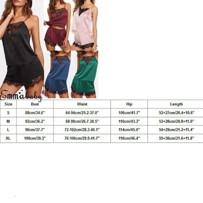 Women Ice Silk Pajamas Sleepwear Pajama Set Nightgowns Nightdress Camisole Shorts Black Red L XL Lace Casual Sexy Smooth T251014