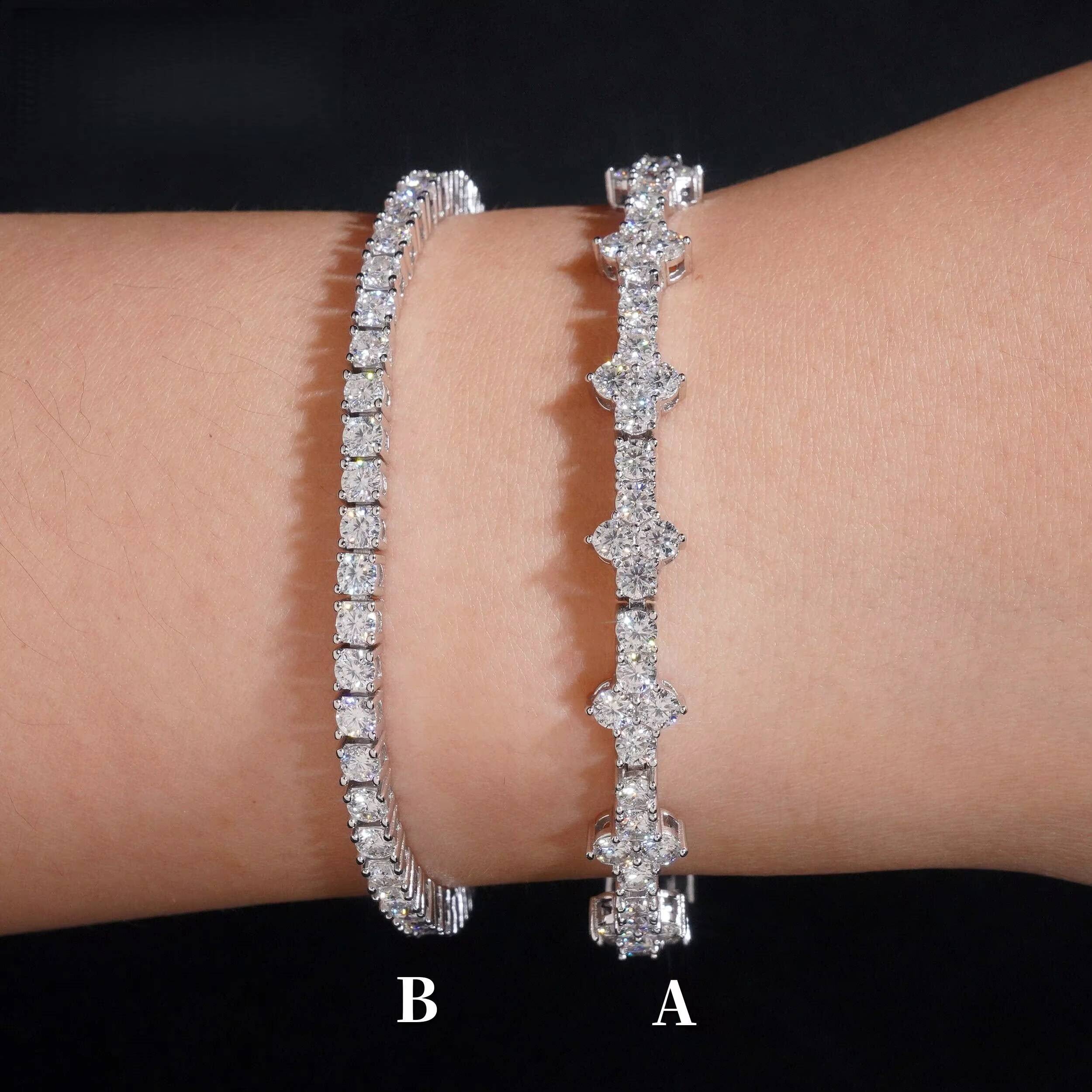 Stylish New Arrival Fashion Femme Design 925 Silver VVS Moissanite Diamond Iced Out Four Leaf Clover Cross Tennis Chain Bracelet