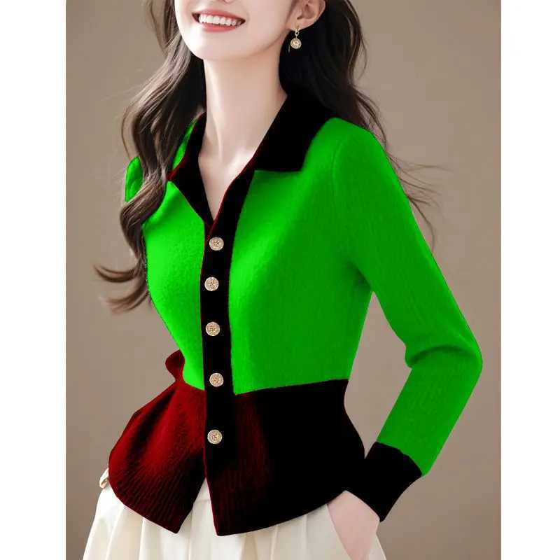 2024 Patchwork New Autumn Winter Knitting Cardigan Sweater Coat Fashion Allmatch Long Sve Temperament Top Tee Womens W251014