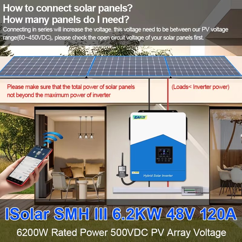 EASUN POWER 6.2KW Hybrid Solar Inverter MPPT 120A 60V to 500VDC PV Input 220VAC 48VDC Solar Battery Charger with WIFI In EU