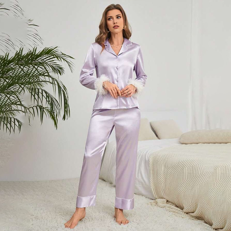 Spring/Fall Women's Silk Satin Feather-Patchwork Long-Sleeve Pants Sleepwear Set for Homewear