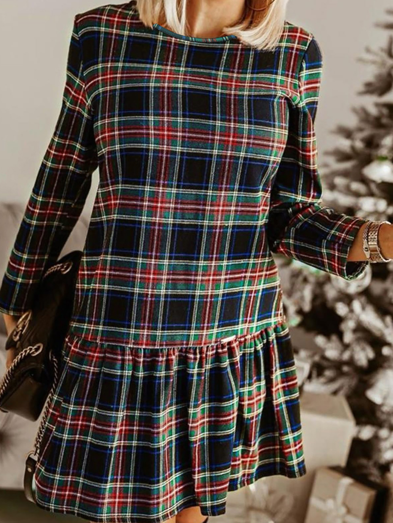 Women's Autumn Winter New Fashion Retro Plaid Long - Sleeve Crew Neck Slim & Elegant Midi Dress-CF51303