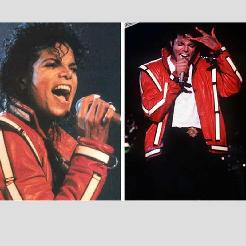 2016 Punk Novelty Rare Cool Men Red MJ Thriller Open Stitch Vocal Concert Leather Fashion Jacket Outwear J251014