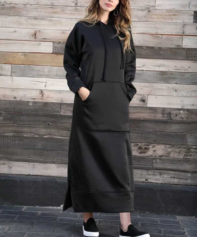 Hoodies Dress for Women Fashion 2024 Hem Laceup Midi Robe Hooded Long Vestidos Winter Warm Casual Loose Sweatshirt Dress Y251013