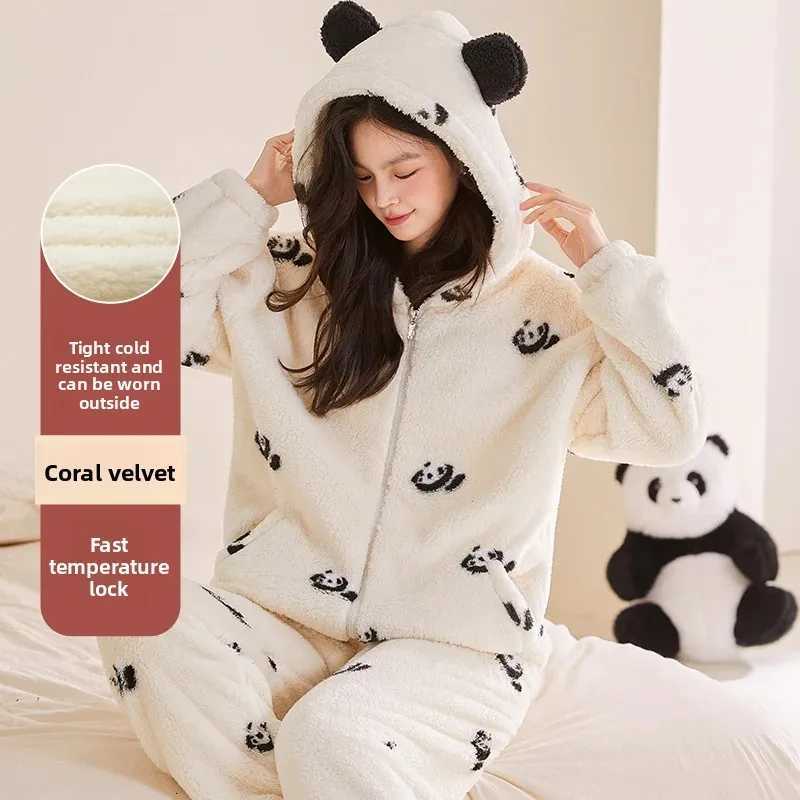 Winter Cartoon Sleepwear Womens Coral Fleece Hooded Zipper Home Clothes Outdoor Wearable TwoPiece Set Warm Home Leisure SuitT251014