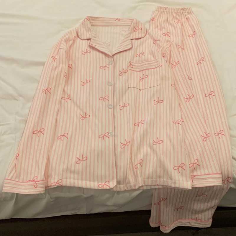 Pink Bow Dtie Design Pajamas for Women Long Sleeve Top Elastic Waist Pants Pajamas Set Harajuku Style Casual New Home WearT251014