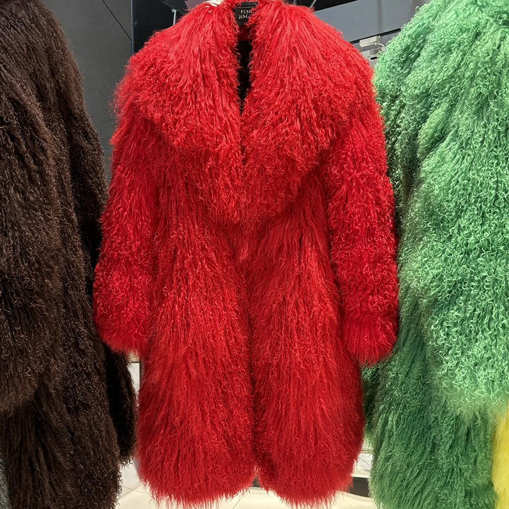 YOLOAgain 2025 Winter Warm TurnDown Collar Mongolia Sheep Fur Jacket Long Women Plus Size 6XL Outerwear 251014