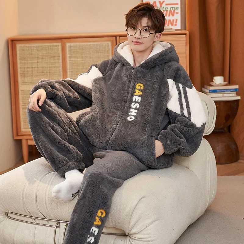 Mens Sleepwear Coral Fleece Winter Thickened Hooded Flannel Home Clothes Youth Autumn Winter Warm Cozy Pajamas Set Y251013