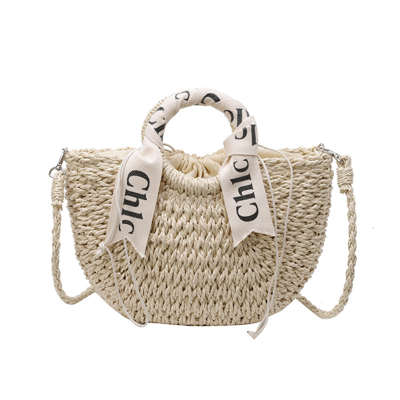 designer bag Letter Scarf Strap Woven Women's Straw Vacation Handbag Round Bucket Bag Beach