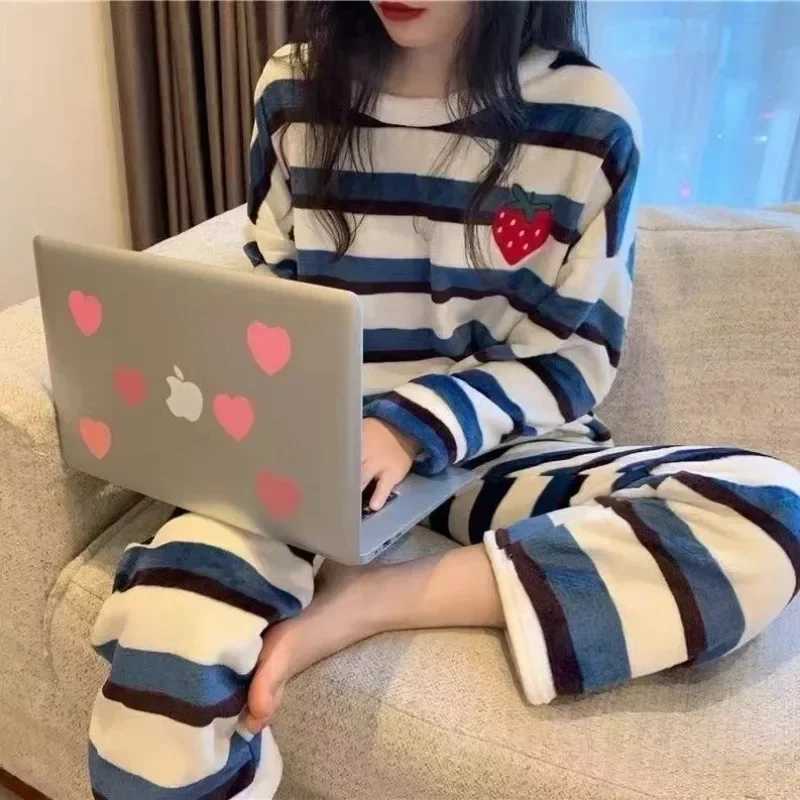 Thickened Warm Pyjamas Set for Womens Coral Velvet Sleepwear Student Long Sleeve Blue Striped Nightwear Homewear Cartoon Cute Y251013