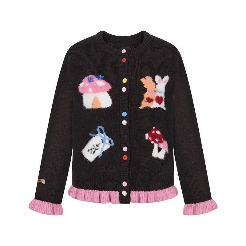 Harajuku Cartoon Knitted Cardigan Women Kaii Print Sweater Outerwears Vintage Korean Patchwork Knitwears Winter Design Jumpers W251014