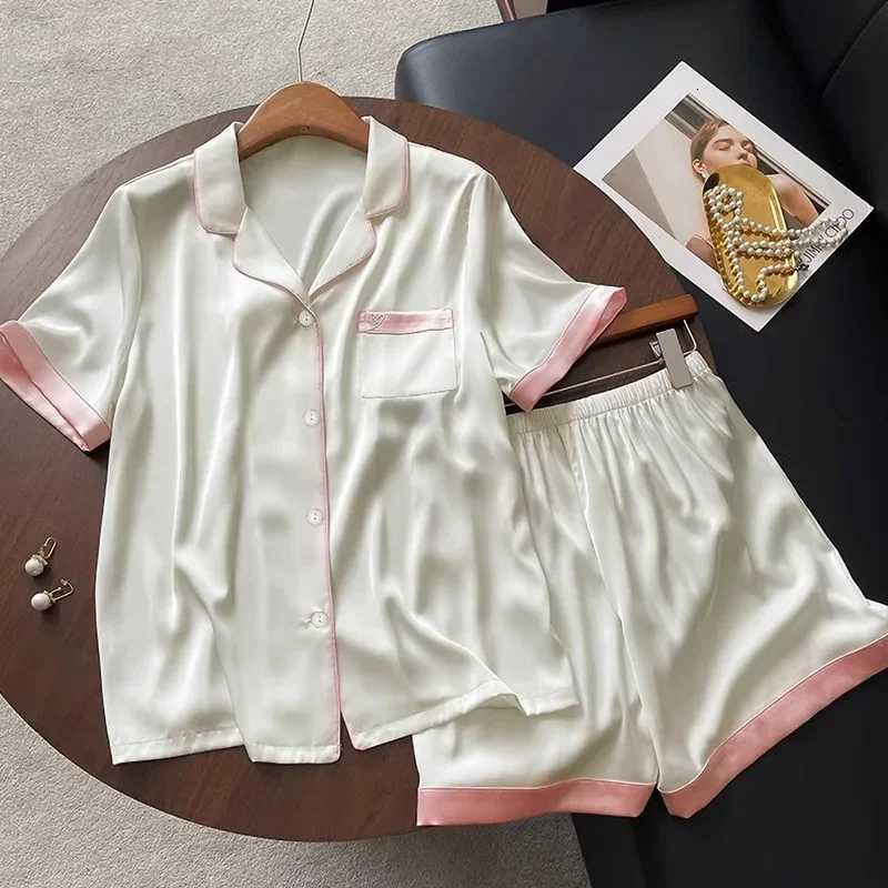 Womens Nightwear Plus Size Silk Pajamas Student Sweet Style Short Sleeve Sleepwear Loungewear Set Solid Color Cardigan ClothesT251014